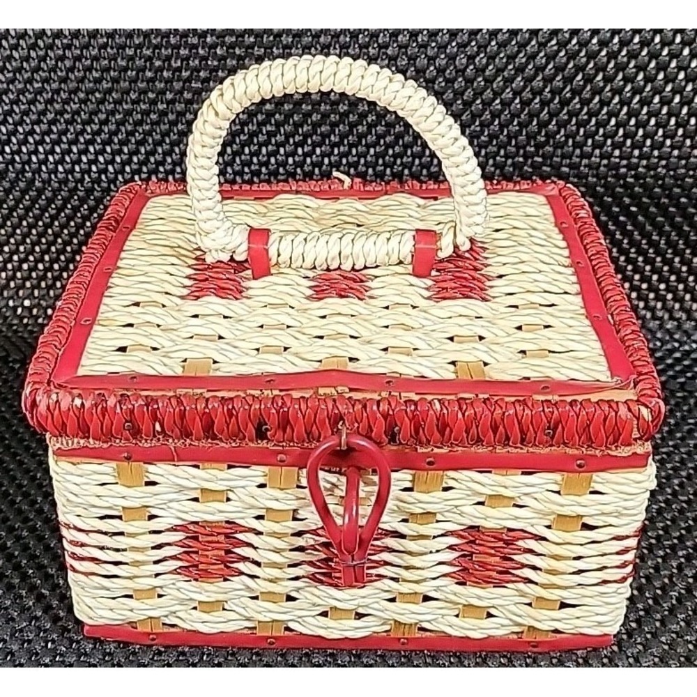 Vintage Japan Relpo Red/Begie/Pink Woven Sewing Basket With Removable Tray